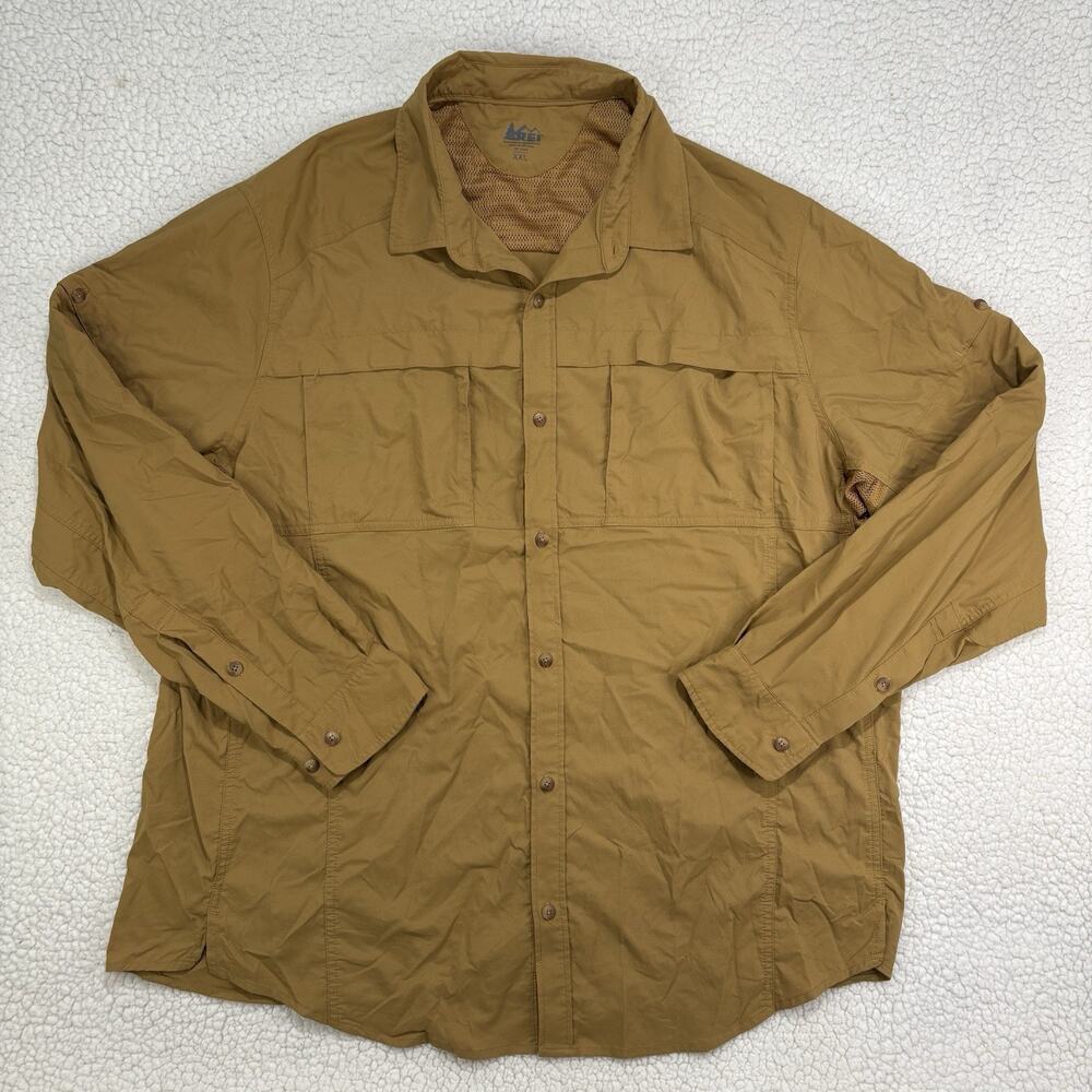 REI Mens Button Down Shirt Brown Size XXL Nylon Vented Hiking Wicking Tech Mesh